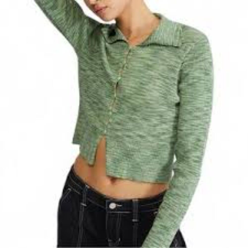 L.A. Hearts Green Hook and Eye Cardigan Cropped Space Dye Knit Small